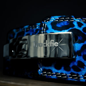 Close-up of the buckle on a blue Trackfie lifting belt
