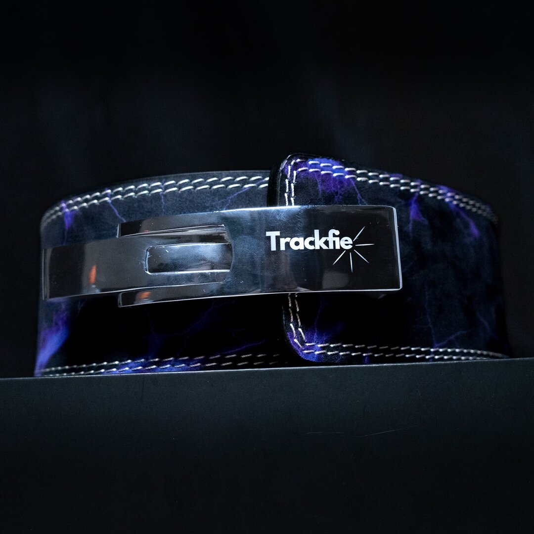 Trackfie lever belt with purple lightning print seen from the front