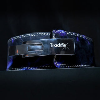 Trackfie lever belt with purple lightning print seen from the front