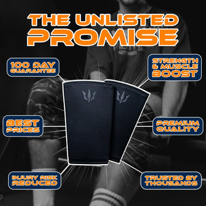 Highlighting 6 commitments Unlisted Strength offers customers with knee sleeves in the center and commitments on each side of them