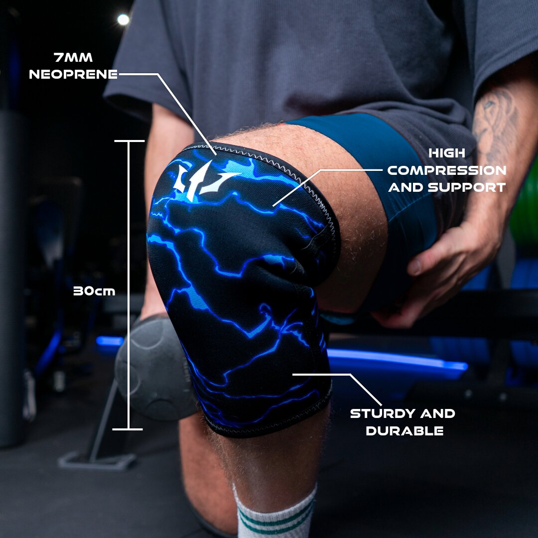 Close-up of a man squatting with blue Unlisted Strength knee sleeves and illustrations highlighting specifications