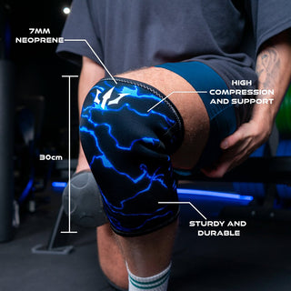 Blue Unlisted Strength knee sleeves on a man performing squats with 4 specifications highlighted from the knee sleeves
