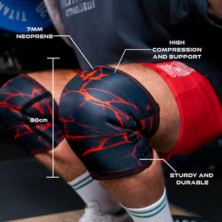 Close-up of a man squatting with red Unlisted Strength knee sleeves and illustrations highlighting specifications
