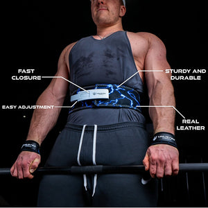 Man wearing blue Unlisted Strength lifting belt with belt specifications highlighted