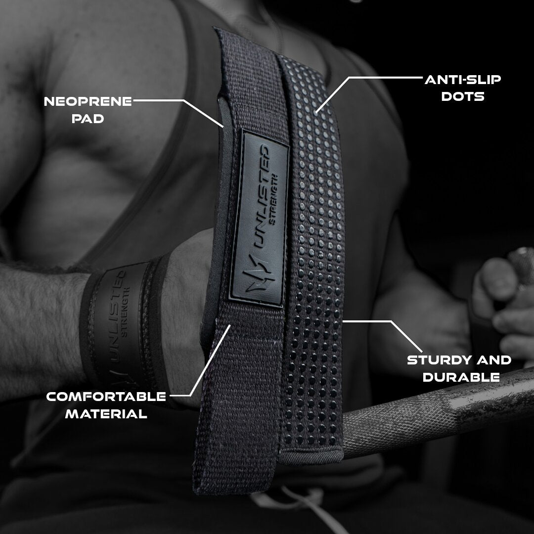 Black Unlisted Strength lifting straps with highlighted specifications