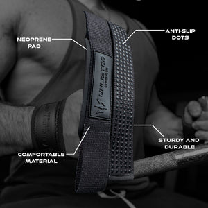 Black Unlisted Strength lifting straps with 4 specifications highlighted with lines extending from the lifting straps
