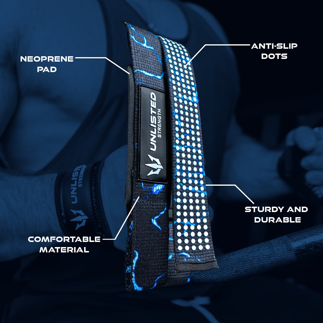Blue lightning Unlisted Strength lifting straps with highlighted specifications