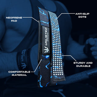 Blue Unlisted Strength lifting straps with 4 specifications highlighted with lines extending from the lifting straps