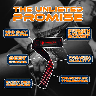 Illustration highlighting the 6 key benefits of purchasing Unlisted Strength lifting straps with lifting straps in the center and benefits alongside
