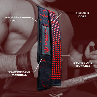 Red chaos Unlisted Strength lifting straps with highlighted specifications