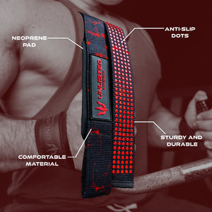 Red Unlisted Strength lifting straps with 4 specifications highlighted with lines extending from the lifting straps