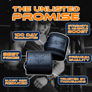 Illustration of black Unlisted Strength wrist wraps and 6 customer benefits around