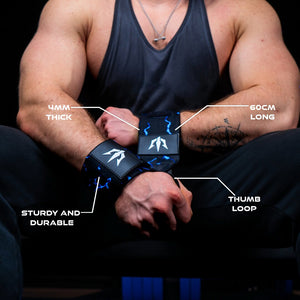 Man tightens his blue wrist wraps around his wrist while specifications are highlighted with lines extending from them