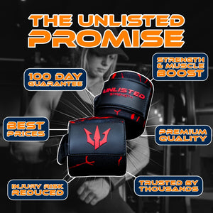 Illustration of red Unlisted Strength wrist wraps and 6 customer benefits around